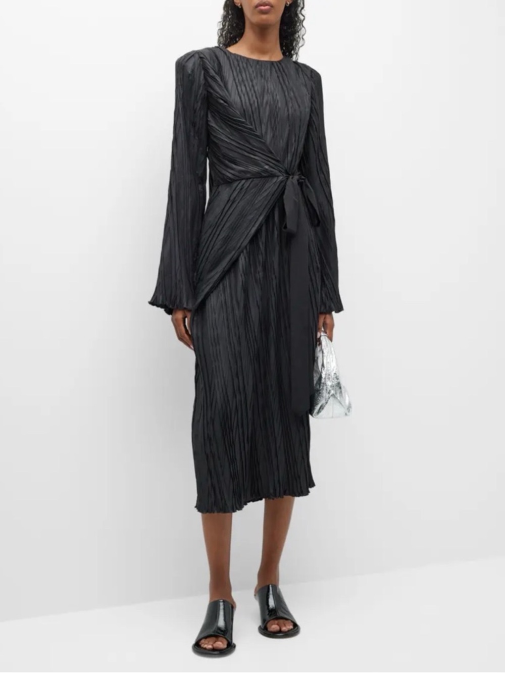 Textured Black Tie-Waist Midi Dress